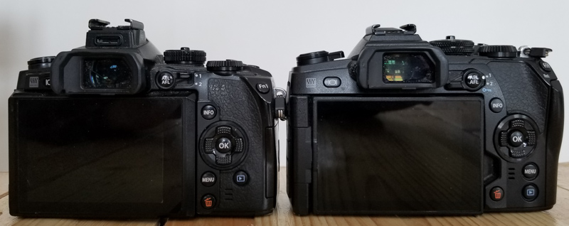 E-M1 comparison. The E-M1 Mark II, at the right, has a slightly taller body than the E-M1.