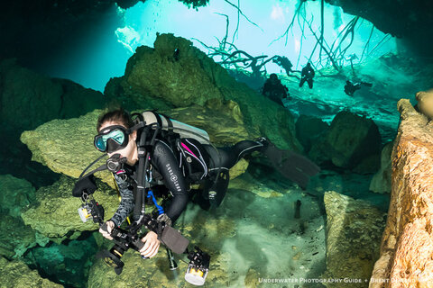 A diver explores the Yucatan Cenotes in Mexico. Sony a7R II with 28mm Fisheye Converter. ISO 6400, f/5.6, 1/30